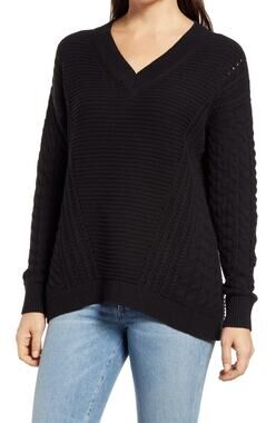 Caslon NWT Black Cable Knit Sleeve V-Neck Ribbed Sweater Size XS